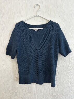 LL BEAN Coastal Cotton Cable Knit Summer Fisherman Sweater Navy Blue Medium